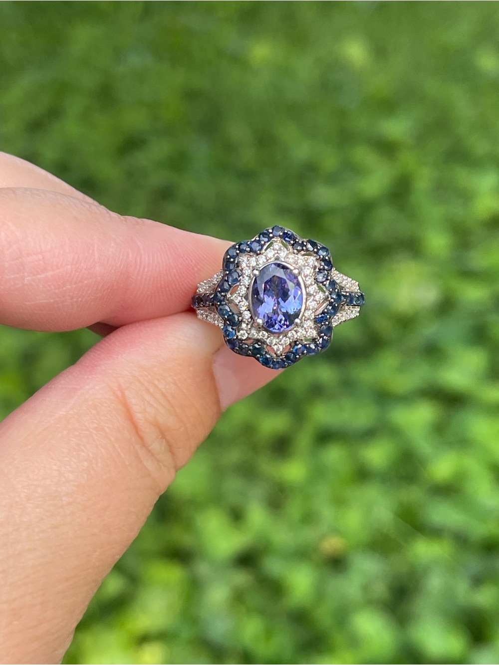 Tanzanite, Blue Sapphire and Moissanite Ring